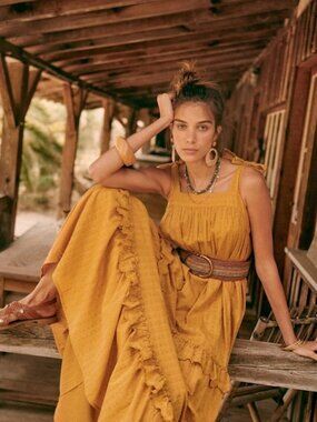 Sezane Albana Dress Saffron Maxi Dress Size 2 FR 34 XS Mustard Yellow Gold